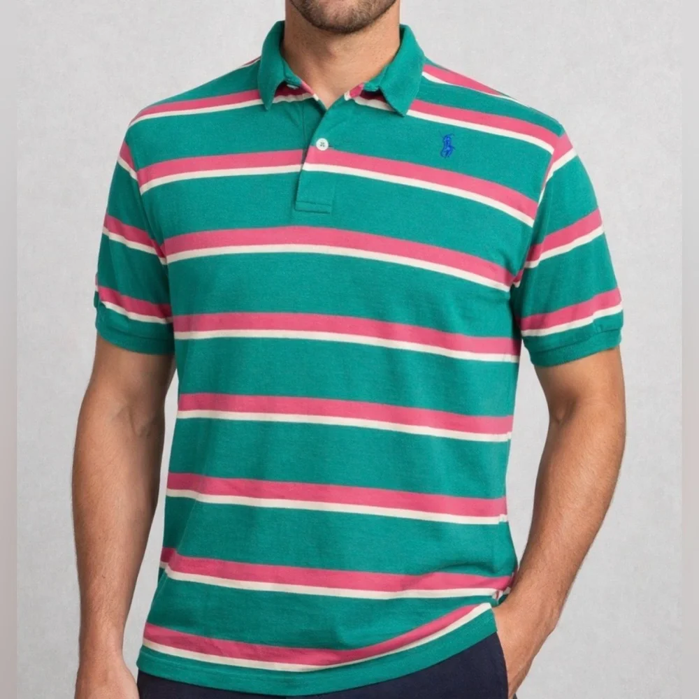 Vintage Polo Ralph Lauren Green w/Stripes Imperfection Golf S/S Shirt Men Large